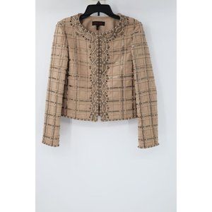 escada jacket women's 34 wool cashmere studded embroidered plaid check tan hook‎